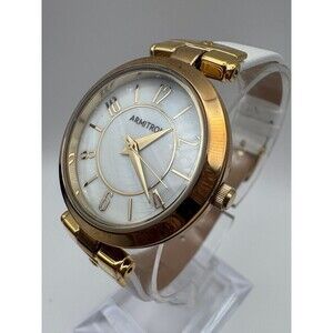 Armitron Women's Gold Tone Mother of Pearl Dial White Leather Watch 75/5338GP